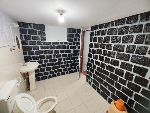 a bathroom with a black and white brick wall at Green acres in Masinagudi