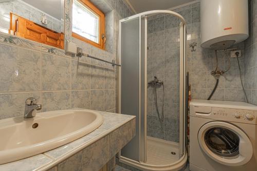 uma casa de banho com um lavatório e uma máquina de lavar roupa em Vineyard Cottage Rataj 1 em Novo Mesto