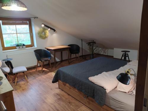 a bedroom with a bed and a table and chairs at Chalupa u Pramenů in Počátky