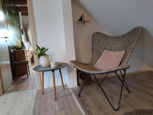 a chair with a pink pillow next to a table at Chalupa u Pramenů in Počátky