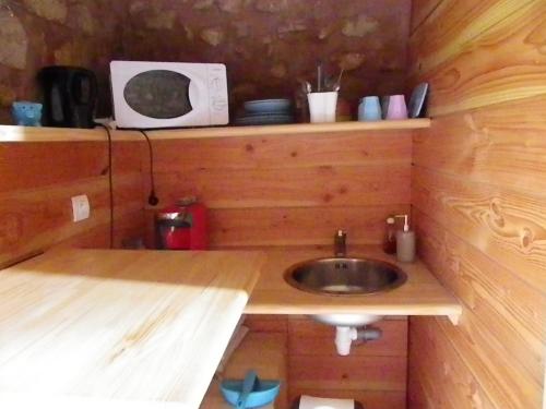 La petite salle de bains est pourvue d'un lavabo et d'un four micro-ondes. dans l'établissement le Donjon de la Reine Margot, à Beaumont