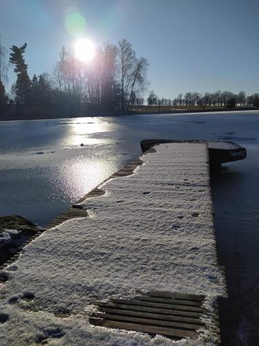 a pier on a frozen lake with the sun in the background at Chalupa u Pramenů in Počátky