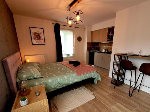 une petite chambre avec un lit et une cuisine dans l'établissement L' Écrin de Jade, à Melun