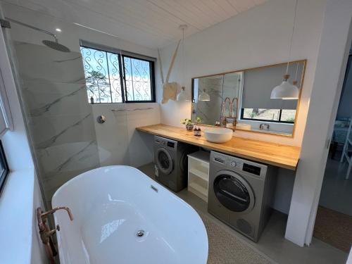 uma casa de banho com um lavatório e uma máquina de lavar roupa em Featherstone View Cottage em Grahamstown