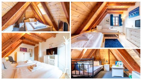 a collage of four pictures of a room in a log cabin at Ferienwohnung JJacobs NEU in Wrixum