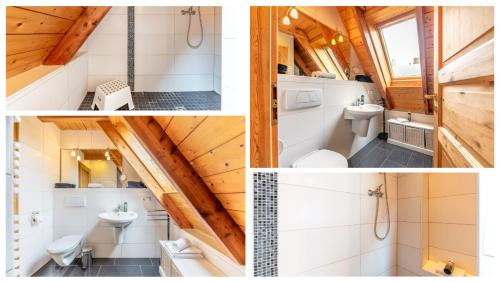three pictures of a bathroom in a tree house at Ferienwohnung JJacobs NEU in Wrixum