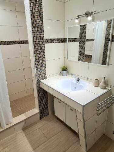 a bathroom with a sink and a shower and a mirror at Apartments Sveti Ivan in Mošćenička Draga