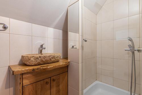 La salle de bains est pourvue d'un lavabo et d'une douche. dans l'établissement Vineyard Cottage Rataj 2, à Novo Mesto