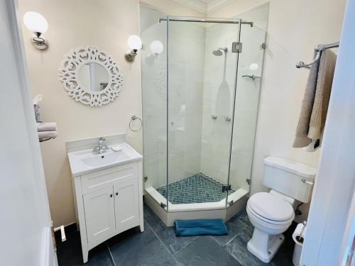 a bathroom with a shower and a toilet and a sink at Sunny Cove Manor in Fish hoek