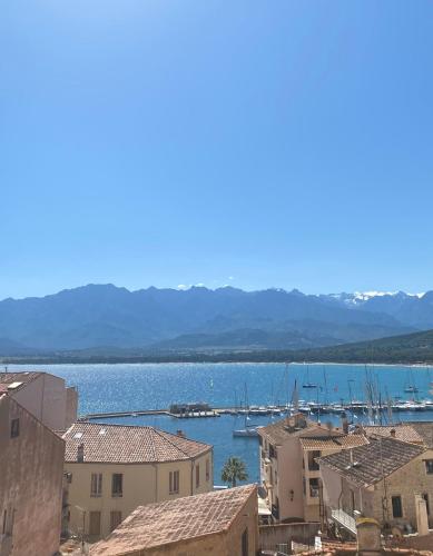 a view of a harbor with boats in the water at Grand Hôtel De Calvi in Calvi