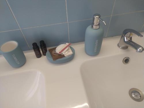 a bathroom counter with a bottle of soap and toothbrushes at Roberta's House, a few steps from the lake in Bellano