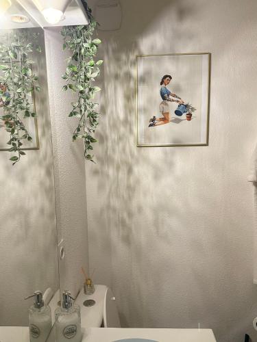 une salle de bain avec une photo d'une femme sur le mur dans l'établissement Joli T1 bis 15 min à pied du lac, au Bourget-du-Lac