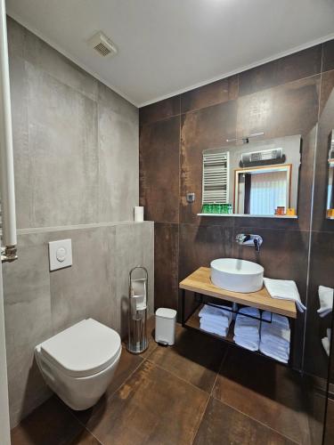 a bathroom with a white toilet and a sink at Bed and Breakfast Restaurant DP in Donji Zvečaj