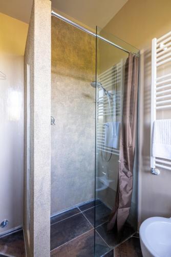 a glass shower in a bathroom with a toilet at Tenuta Moncarlino in Morsasco