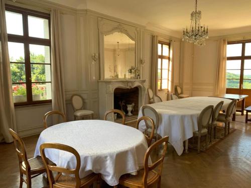 的住宿－Château du Mont de Guny，一间带桌椅和壁炉的用餐室