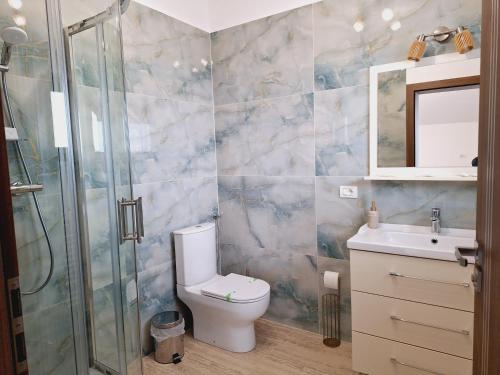 a bathroom with a shower and a toilet and a sink at TREND - cazare, gradina, piscina in Arad