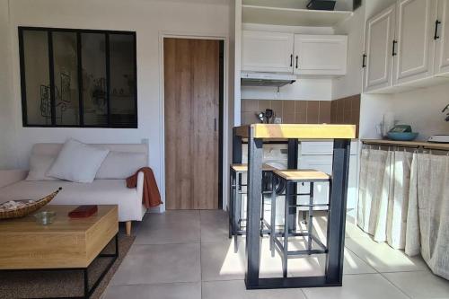 un salon avec un canapé et une cuisine dans l'établissement Appartement 2 personnes vue Marina, à Saint-Cyprien