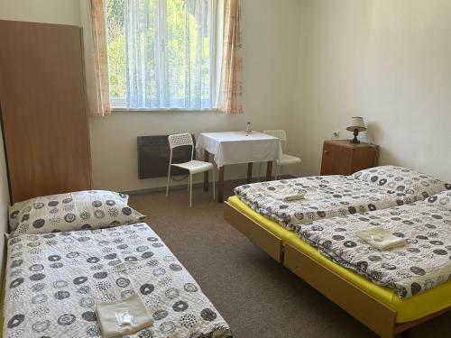 a room with two beds and a table and a table and chairs at Pension Palla in Svojanov