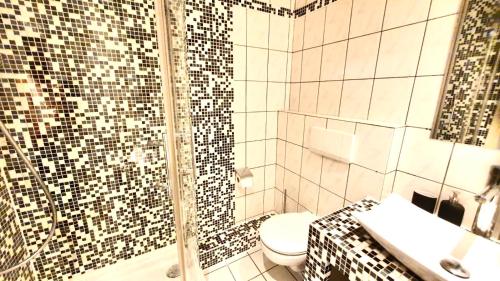 a bathroom with a shower and a toilet and a sink at Große Loft in idyllischer Lage in Delmenhorst