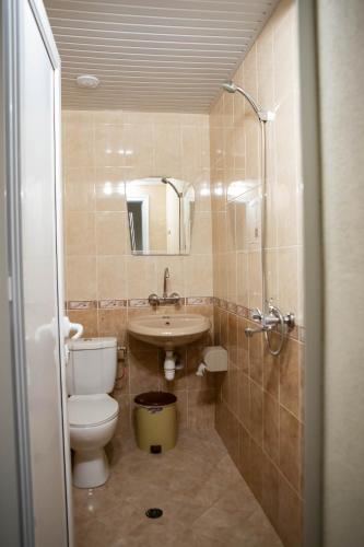 a bathroom with a toilet and a sink and a shower at Avenue House in Kazanlŭk