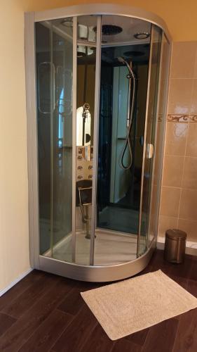 La salle de bains est pourvue d'une douche en verre et d'un tapis. dans l'établissement The Green Suite - With garden, à Ferrals-lès-Corbières