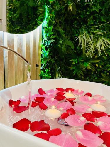 a bath tub filled with candles and red roses at Gîte de l'As de trèfle in Feignies