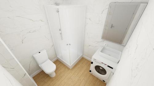 une salle de bain avec toilettes, lavabo et miroir dans l'établissement Cosy Green - T1 - 35 m2, à Lourdes