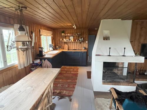 ein Wohnzimmer mit Kamin in einem Haus in der Unterkunft Cozy family friendly cabin at beautiful location! in Geilo
