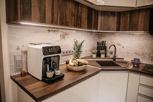 a kitchen with a coffee maker on a counter at Luxury Wellness Home II. Balatonboglár in Balatonboglár
