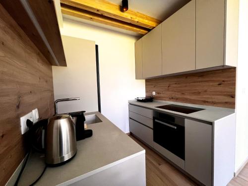 a kitchen with a tea kettle on a counter at Alpine Haven in Bovec