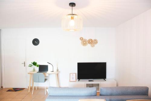 a living room with a couch and a tv at Le cocon cosy - T2 - Parking - Proche Zoo in La Salvetat