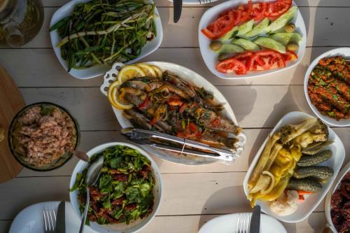 a table with many dishes of food on it at Chamich Guesthouse in Debed