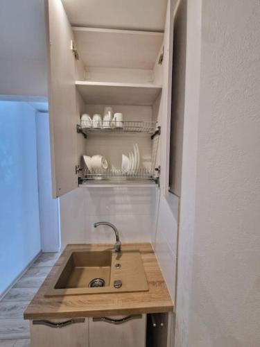 a kitchen with a sink and a shelf with dishes at Butas šalia parko in Radviliškis