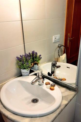a bathroom counter with a sink and a mirror at Sunny Apartment in Daimuz