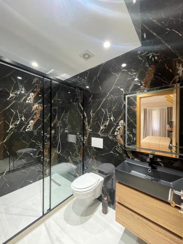un baño con inodoro y lavabo en Alpinehouse, en Theth