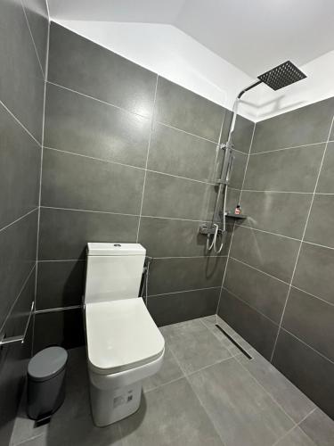 a bathroom with a toilet and a shower at 3 VELLEZERIT DOCI GUEST HOUSE in Fushë-Lurë