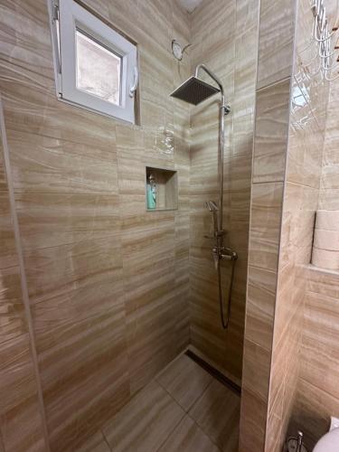 a bathroom with a shower with a glass door at Villa Nela in Tivat
