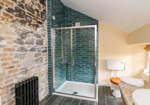 een badkamer met een glazen douche en een toilet bij Preston House in Abbeyleix
