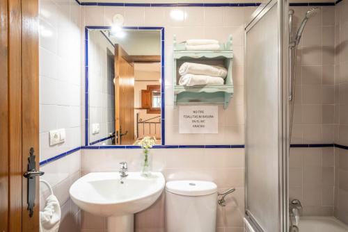 bagno con lavandino, servizi igienici e specchio di Caserio del Colmenar a Huétor Santillán