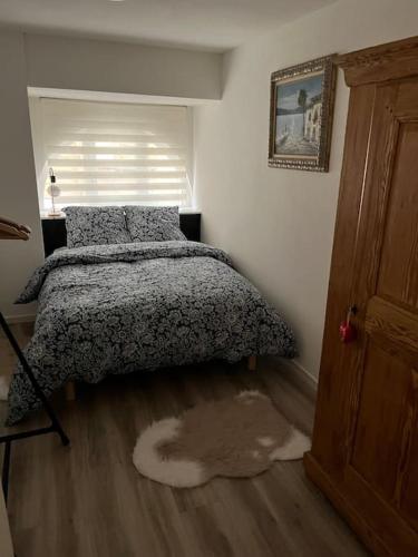 une chambre avec un lit et un tapis au sol dans l'établissement Chez Mat - 4 pers - Proche Obernai, à Bernardswiller
