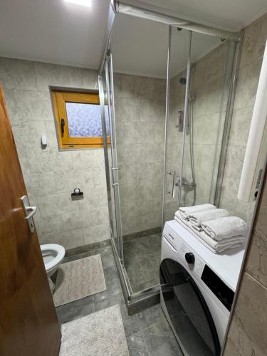 a bathroom with a shower and a washing machine at Vikendica sa bazenom MAGNUM in Višegrad
