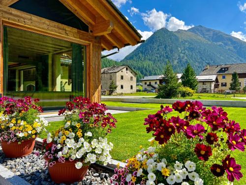 a group of flowers in front of a house at Camino Rustic Chic Hotel in Livigno