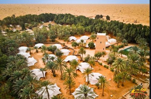 - une vue aérienne sur un complexe avec des palmiers et des tentes dans l'établissement Hotel Pansy, à Qaşr Ghīlān