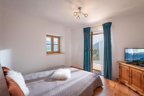 sypialnia z łóżkiem, telewizorem i oknem w obiekcie Grabner Riedleiten w mieście Oberaudorf