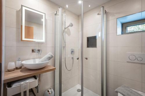 W łazience znajduje się umywalka i przeszklony prysznic. w obiekcie Grabner Riedleiten w mieście Oberaudorf