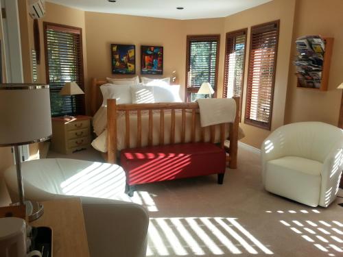 a bedroom with a bed and a chair and a couch at Creekside B&B in Nelson