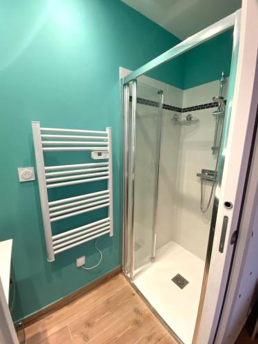 La salle de bains est pourvue d'une douche et de murs verts. dans l'établissement NID du BONHEUR, à Rochefort