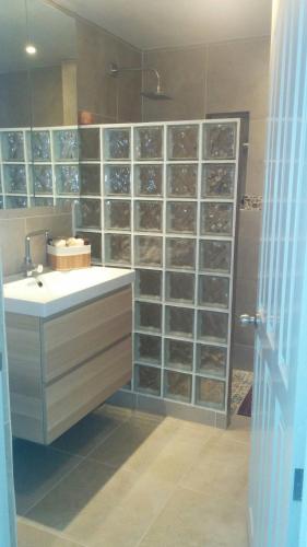 a bathroom with a sink and a glass wall at Playas Gemelas Puerto Vallarta in Puerto Vallarta