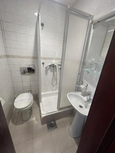 a bathroom with a shower and a toilet and a sink at Konačište Osmica in Mokra Gora