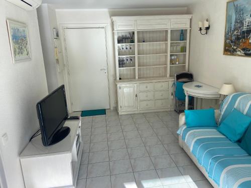 un salon avec un canapé et une télévision dans l'établissement 2 pièces bord de mer, à Vallauris